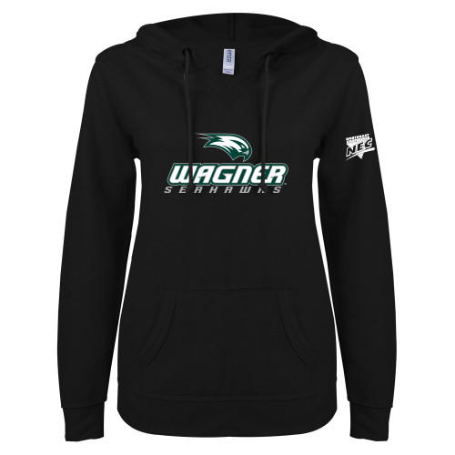 ENZA Womens Black V Notch Raw Edge Fleece Hoodie-Northeast Conference Wagner College Wagner Seahawks Stacked Mark