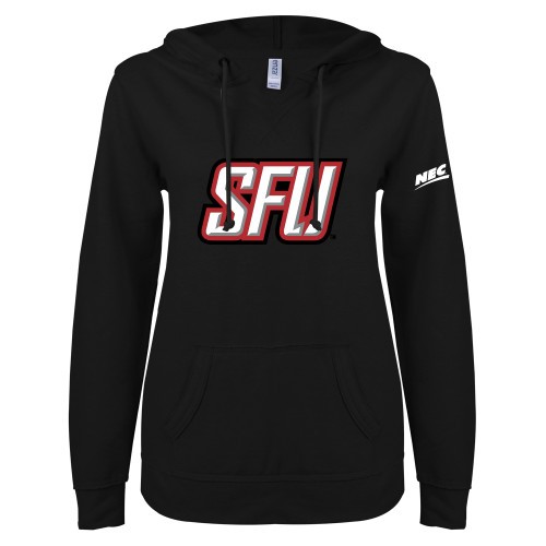 ENZA Womens Black V Notch Raw Edge Fleece Hoodie-Northeast Conference Saint Francis University Primary Mark