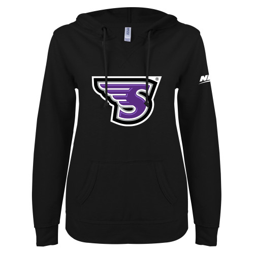 ENZA Womens Black V Notch Raw Edge Fleece Hoodie-NEC Stonehill S