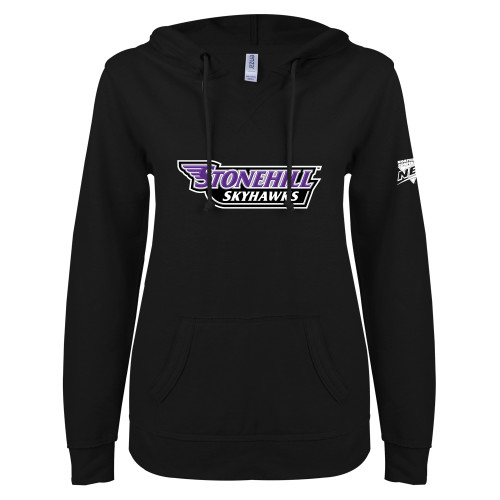 ENZA Womens Black V Notch Raw Edge Fleece Hoodie-NEC Stonehill Skyhawks Wordmark