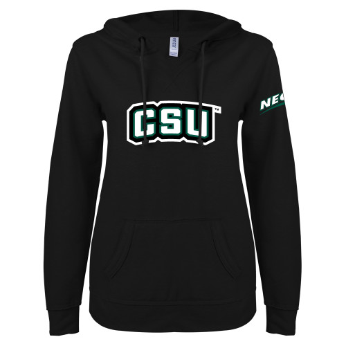 ENZA Womens Black V Notch Raw Edge Fleece Hoodie-CSU Wordmark