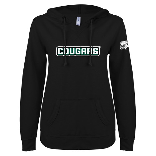 ENZA Womens Black V Notch Raw Edge Fleece Hoodie-Cougars Wordmark