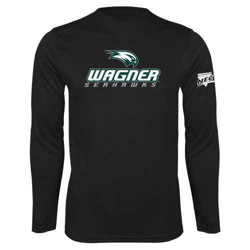 Black Performance Long Sleeve Shirt-Northeast Conference Wagner College Wagner Seahawks Stacked Mark
