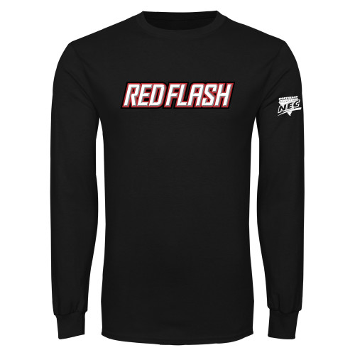 Black Long Sleeve T Shirt-Northeast Conference Saint Francis University Red Flash Wordmark