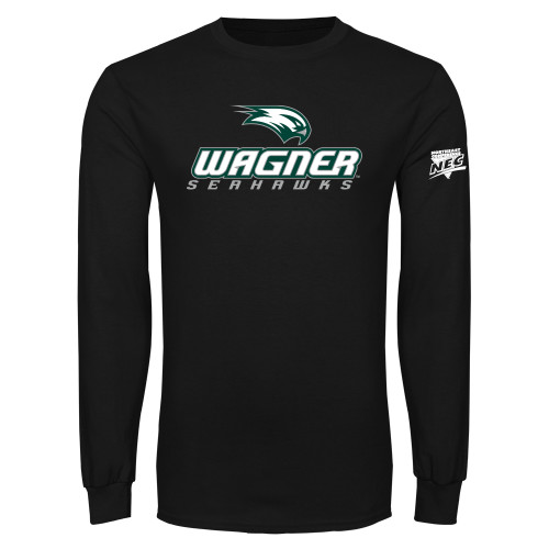 Black Long Sleeve T Shirt-Northeast Conference Wagner College Wagner Seahawks Stacked Mark