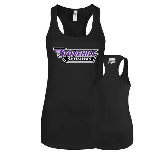 Next Level Womens Black Racerback Tank -NEC Stonehill Skyhawks Wordmark