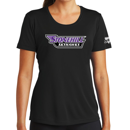 Womens Black Performance Tee-NEC Stonehill Skyhawks Wordmark