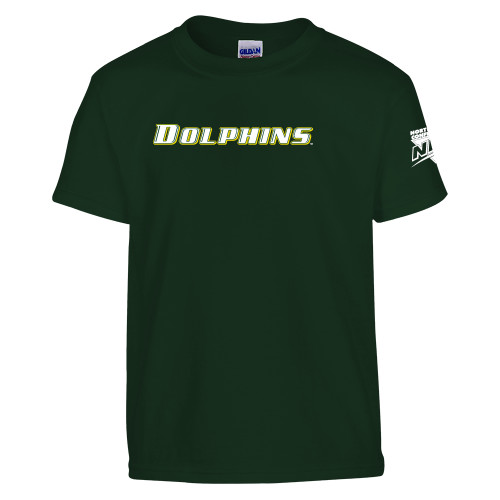 Youth Dark Green T Shirt-NEC Le Moyne Dolphins Flat Wordmark