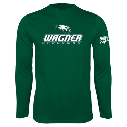 Dark Green Performance Long Sleeve Shirt-Northeast Conference Wagner College Wagner Seahawks Stacked Mark