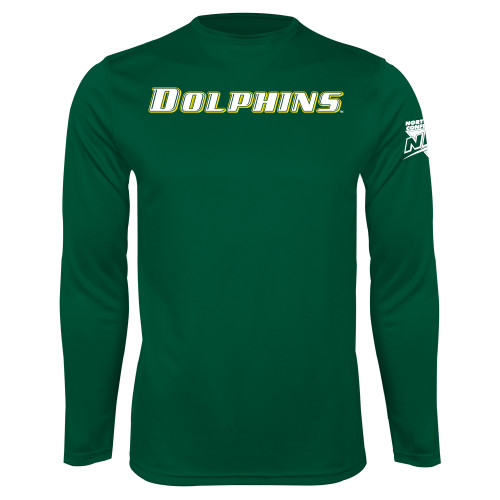 Dark Green Performance Long Sleeve Shirt-NEC Le Moyne Dolphins Flat Wordmark