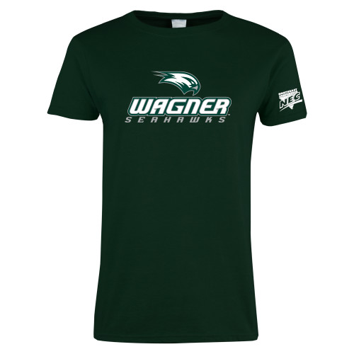 Womens Dark Green Short Sleeve Tee-Northeast Conference Wagner College Wagner Seahawks Stacked Mark