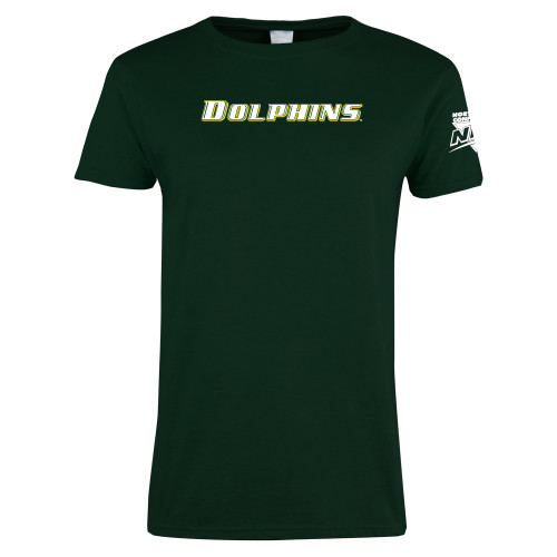 Womens Dark Green Short Sleeve Tee-NEC Le Moyne Dolphins Flat Wordmark