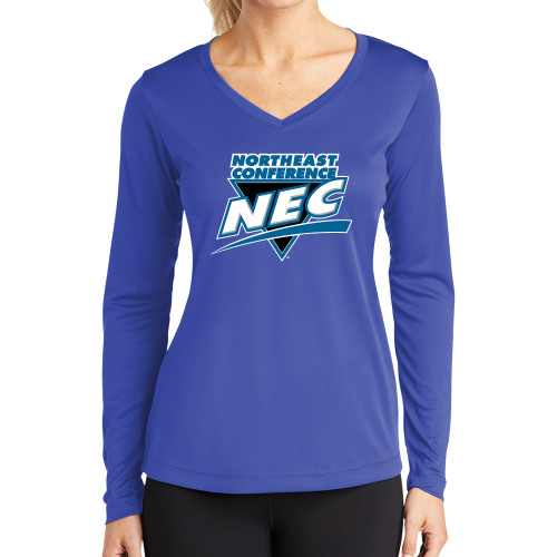 Womens Royal Performance Long Sleeve V Neck Shirt-Northeast Conference NEC Full Mark