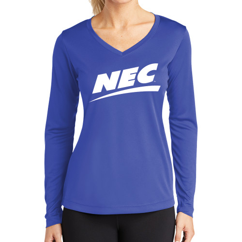 Womens Royal Performance Long Sleeve V Neck Shirt-Northeast Conference NEC Flat Mark