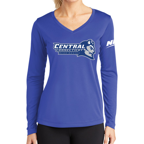 Womens Royal Performance Long Sleeve V Neck Shirt-Northeast Conference Central Connecticut Primary Mark