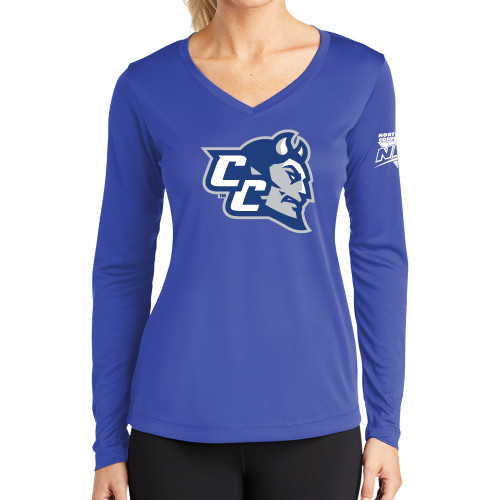 Womens Royal Performance Long Sleeve V Neck Shirt-Northeast Conference Central Connecticut CC Mascot Mark