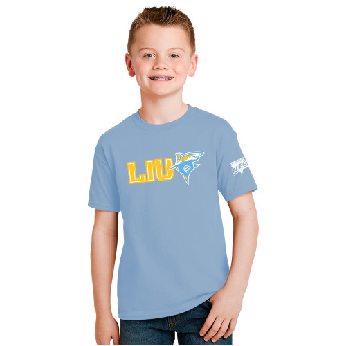 Youth Light Blue T Shirt-Northeast Conference Long Island University LIU with Mascot Flat