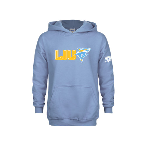 Youth Light Blue Fleece Hoodie-Northeast Conference Long Island University LIU with Mascot Flat