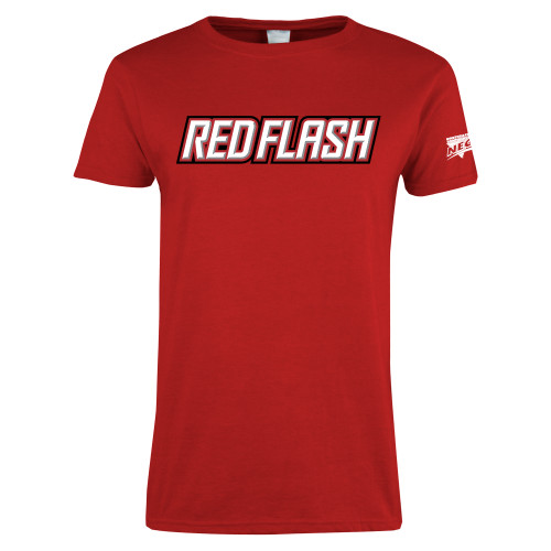 Womens Short Sleeve Red Tee-Northeast Conference Saint Francis University Red Flash Wordmark