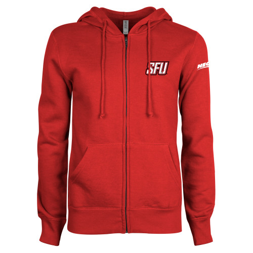 ENZA Womens Red Fleece Full Zip Hoodie-Northeast Conference Saint Francis University Primary Mark