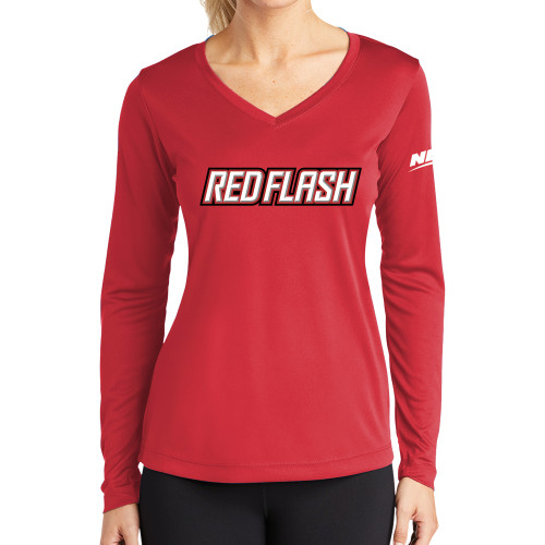 Womens Red Performance Long Sleeve V Neck Shirt-Northeast Conference Saint Francis University Red Flash Wordmark