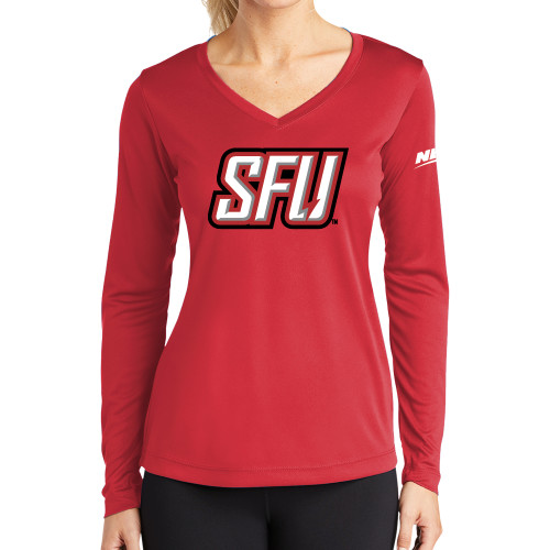 Womens Red Performance Long Sleeve V Neck Shirt-Northeast Conference Saint Francis University Primary Mark