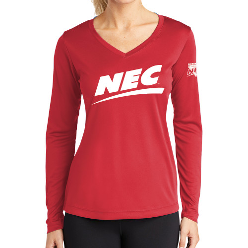 Womens Red Performance Long Sleeve V Neck Shirt-Northeast Conference Saint Francis University NEC Flat Mark