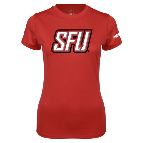 Womens Red Performance Tee-Northeast Conference Saint Francis University Primary Mark