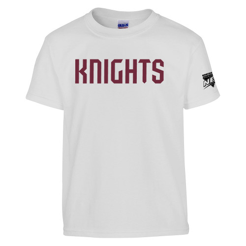 Youth White T Shirt-NEC Fairleigh Knights Wordmark