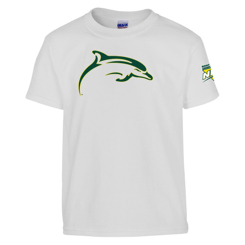 Youth White T Shirt-NEC Le Moyne Dolphins Mascot Icon