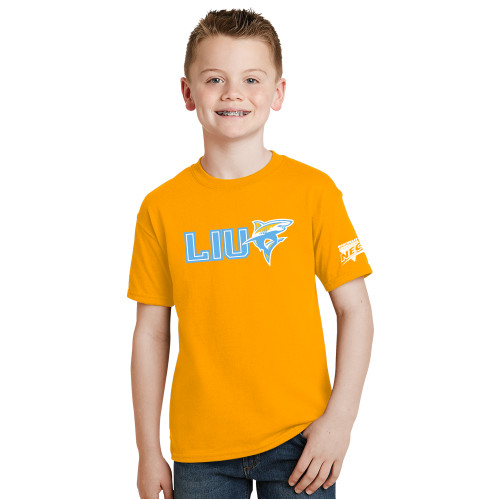 Youth Gold T-Shirt-Northeast Conference Long Island University LIU with Mascot Flat