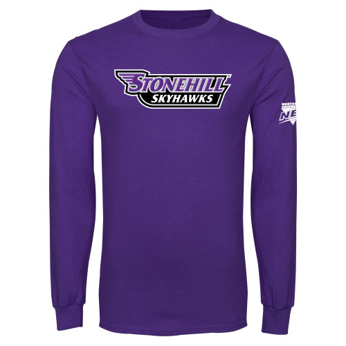 Purple Long Sleeve T Shirt-NEC Stonehill Skyhawks Wordmark