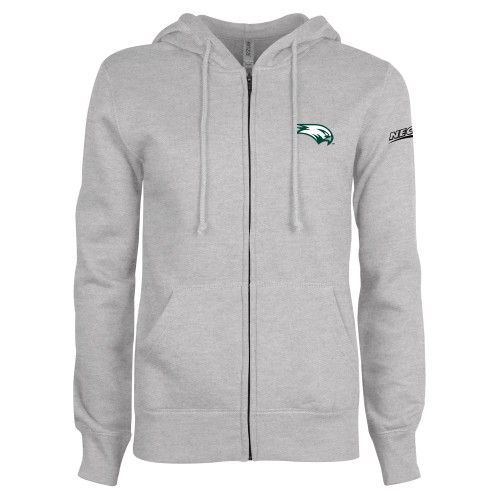 ENZA Womens Grey Fleece Full Zip Hoodie-Northeast Conference Wagner College Mascot Mark