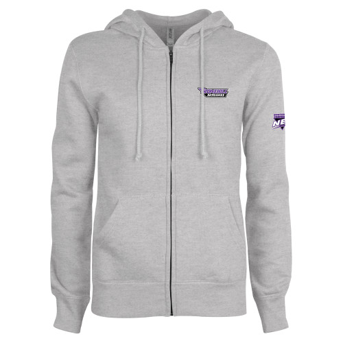 ENZA Womens Grey Fleece Full Zip Hoodie-NEC Stonehill Skyhawks Wordmark