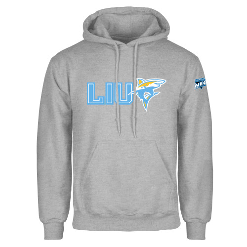 Grey Fleece Hoodie-Northeast Conference Long Island University LIU with Mascot Flat