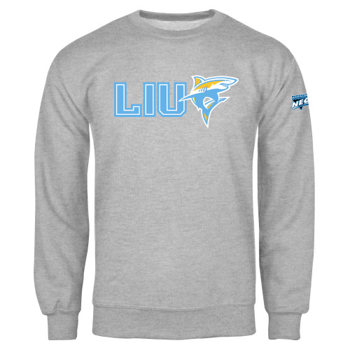 Grey Fleece Crew-Northeast Conference Long Island University LIU with Mascot Flat
