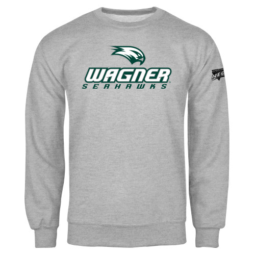 Grey Fleece Crew-Northeast Conference Wagner College Wagner Seahawks Stacked Mark
