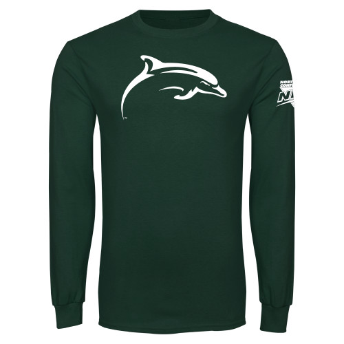 Dark Green Long Sleeve T Shirt-NEC Le Moyne Dolphins Mascot Icon