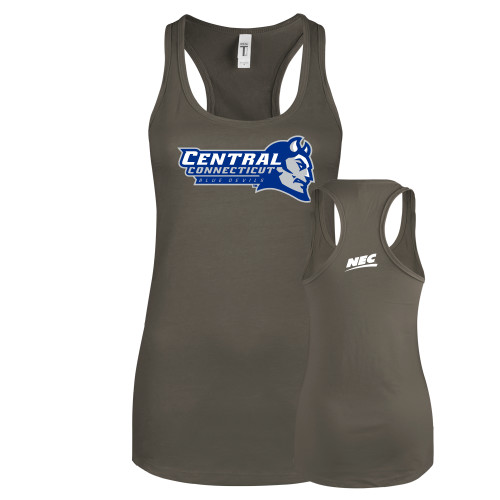 Next Level Womens Charcoal Racerback Tank-Northeast Conference Central Connecticut Primary Mark