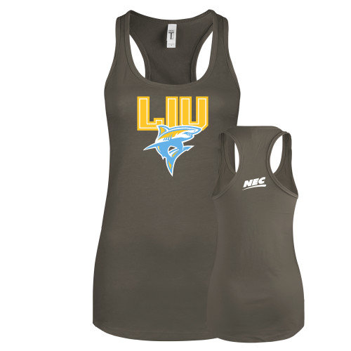 Next Level Womens Charcoal Racerback Tank-Northeast Conference Long Island University Primary Mark