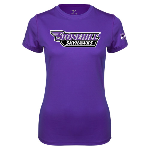 Womens Purple Performance Tee-NEC Stonehill Skyhawks Wordmark