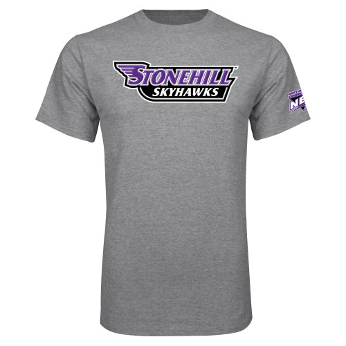 Grey T Shirt-NEC Stonehill Skyhawks Wordmark