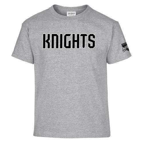 Youth Grey T Shirt-NEC Fairleigh Knights Wordmark