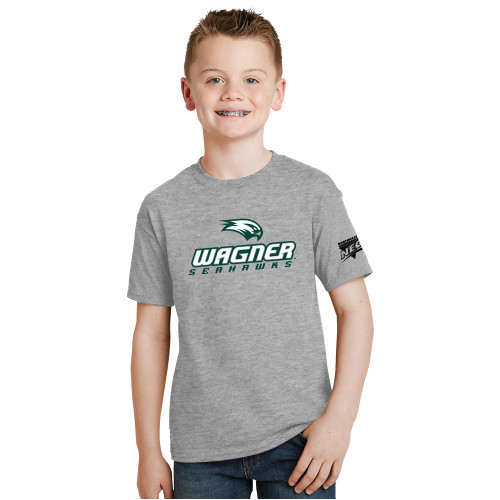 Youth Grey T Shirt-Northeast Conference Wagner College Wagner Seahawks Stacked Mark