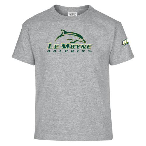 Youth Grey T Shirt-NEC Le Moyne Dolphins Primary Mark