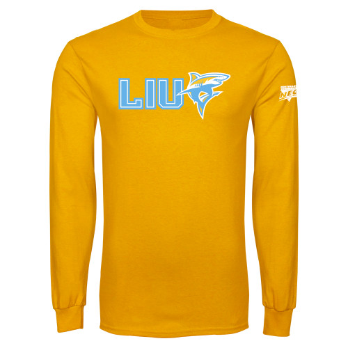 Gold Long Sleeve T Shirt-Northeast Conference Long Island University LIU with Mascot Flat