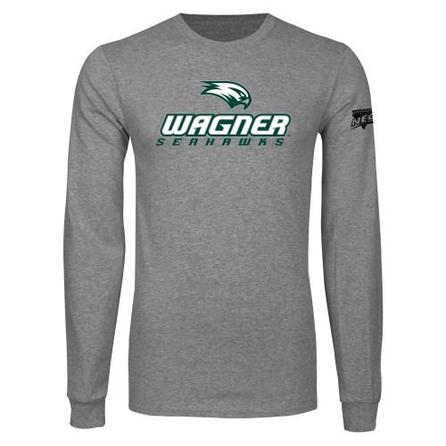 Grey Long Sleeve T Shirt-Northeast Conference Wagner College Wagner Seahawks Stacked Mark