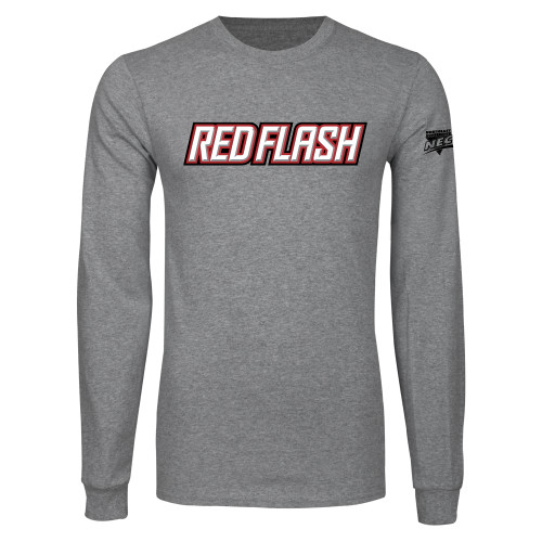 Grey Long Sleeve T Shirt-Northeast Conference Saint Francis University Red Flash Wordmark