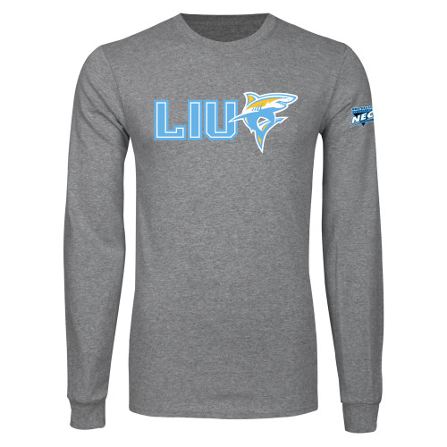 Grey Long Sleeve T Shirt-Northeast Conference Long Island University LIU with Mascot Flat