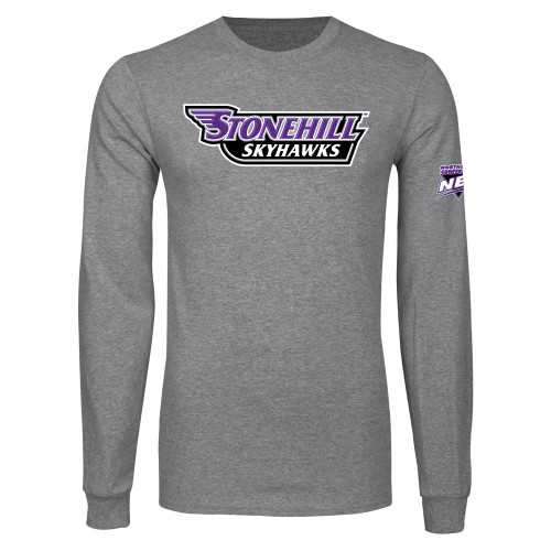 Grey Long Sleeve T Shirt-NEC Stonehill Skyhawks Wordmark